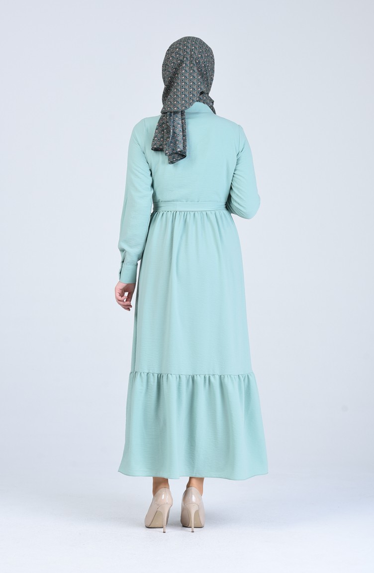 Boydan Düğmeli Kuşaklı Elbise Su Yeşili – Nenci Collection