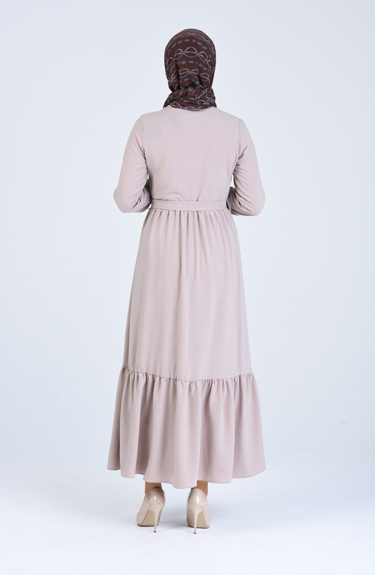 Boydan Düğmeli Kuşaklı Elbise Vizon – Nenci Collection